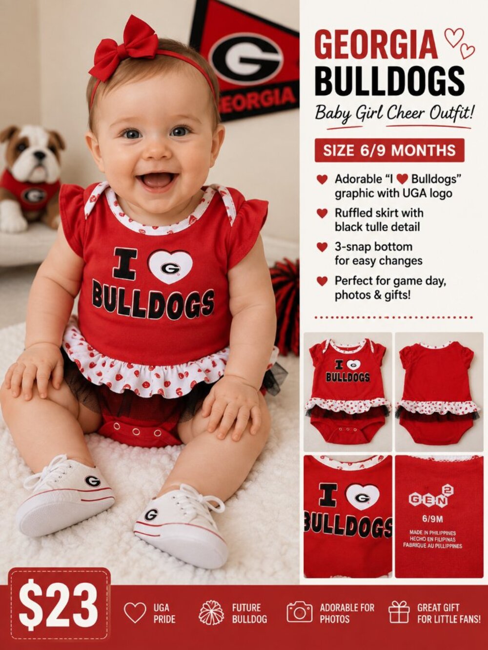 Georgia Bulldogs Baby Girl Cheer Bodysuit 6-9M UGA Football Outfit